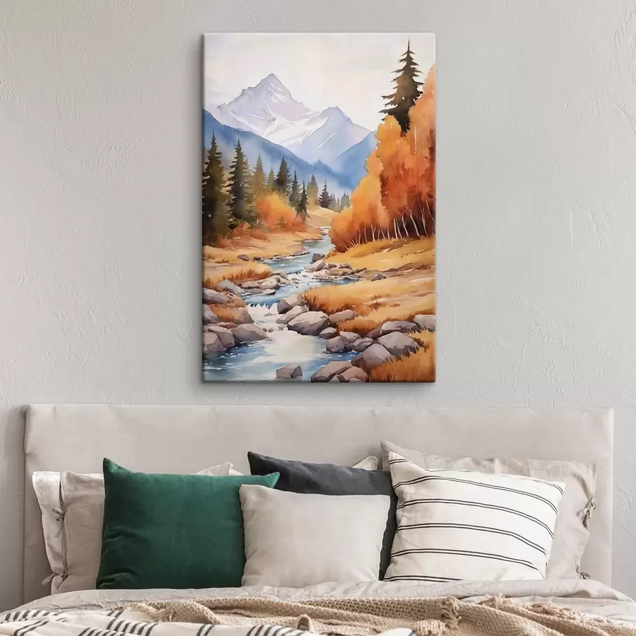 Obraz Podzimní horská krajina s řekou a sytě zbarveným lesem Č. s46187