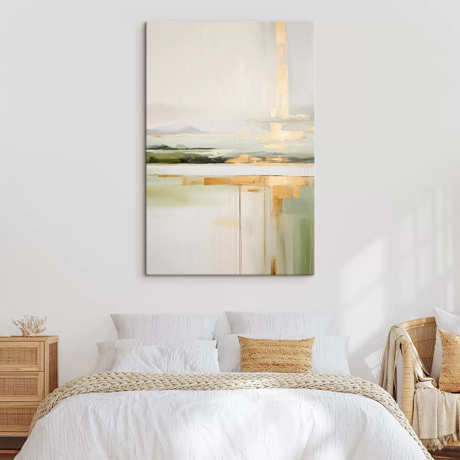 Fototapet Abstraktní krajina se žlutými akcenty, minimalistická kompozice země, vody a oblohy, s tlumenými barvami s46268