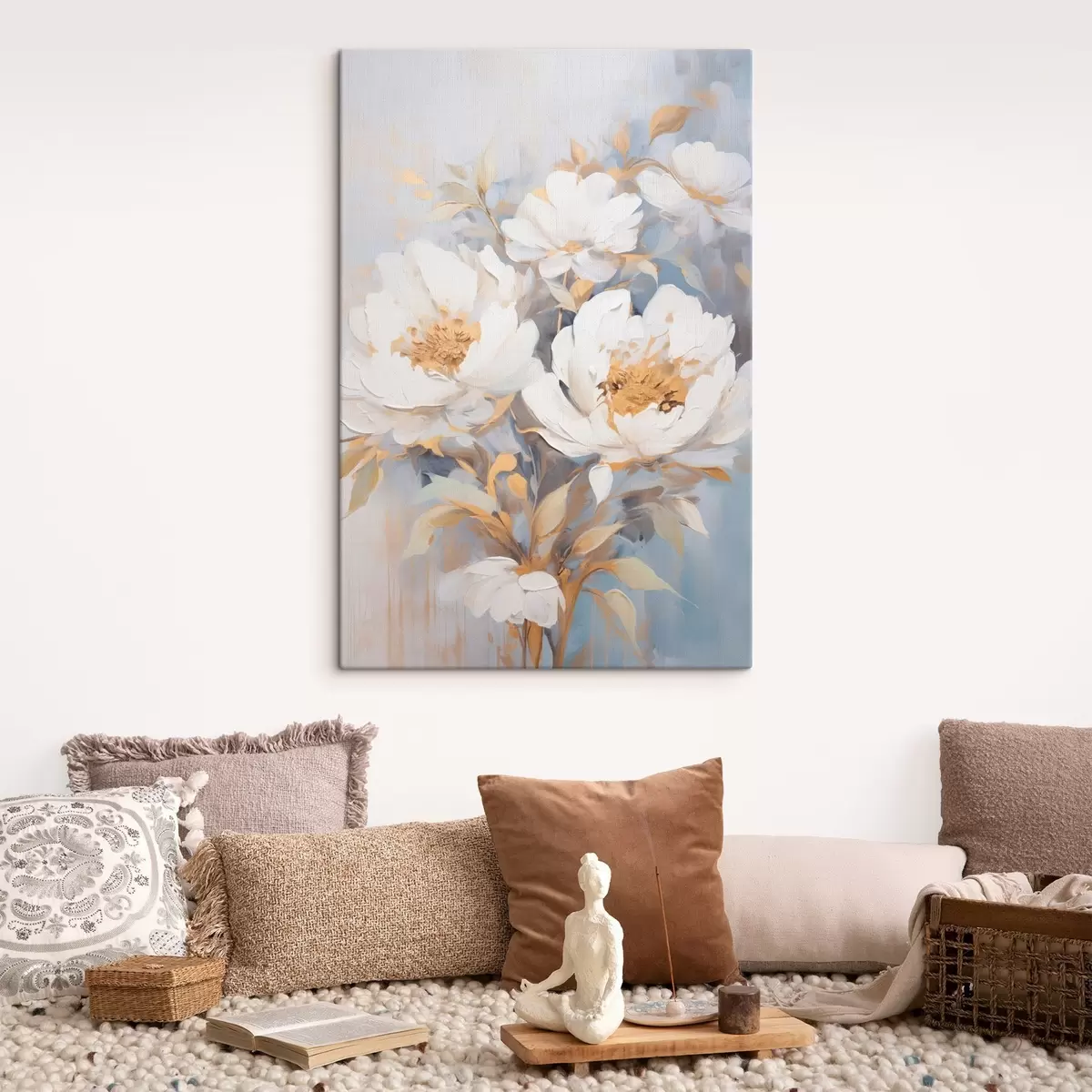 Obraz Bílé pivoňky se žlutým středem a listy, jemné tahy štětcem, světle modré pozadí, květinová kompozice Č. s46270