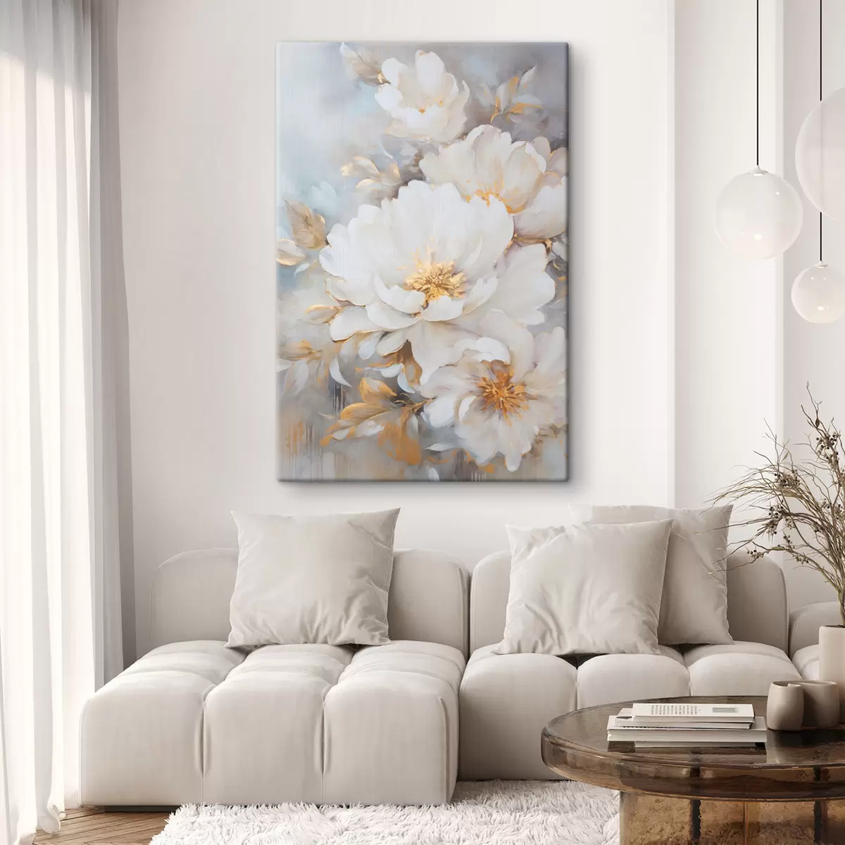 Obraz Bílé pivoňky se žlutým středem a listy, jemné tahy štětcem, světle modré pozadí, květinová kompozice Č. s46271