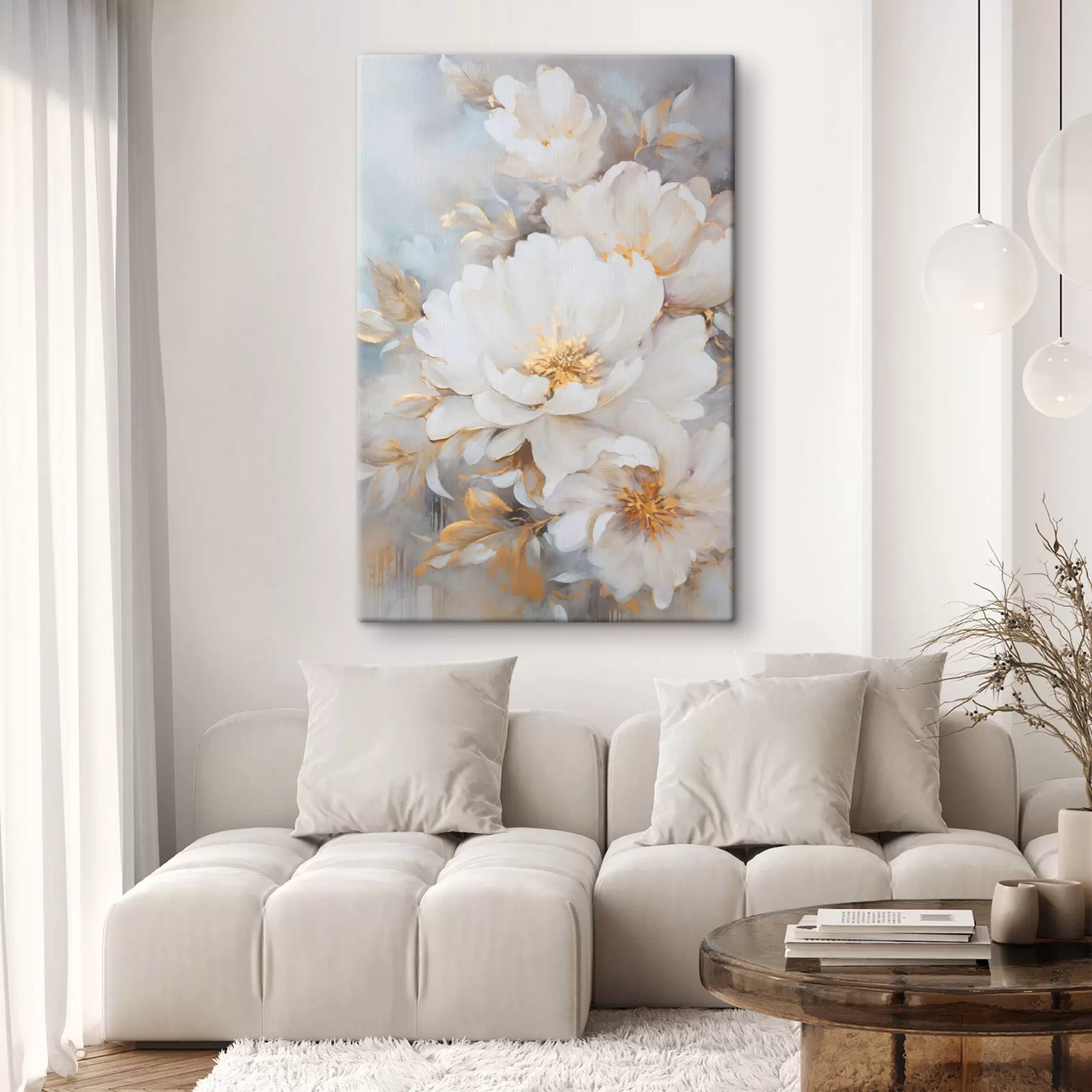 Obraz Bílé pivoňky se žlutým středem a listy, jemné tahy štětcem, světle modré pozadí, květinová kompozice Č. s46271