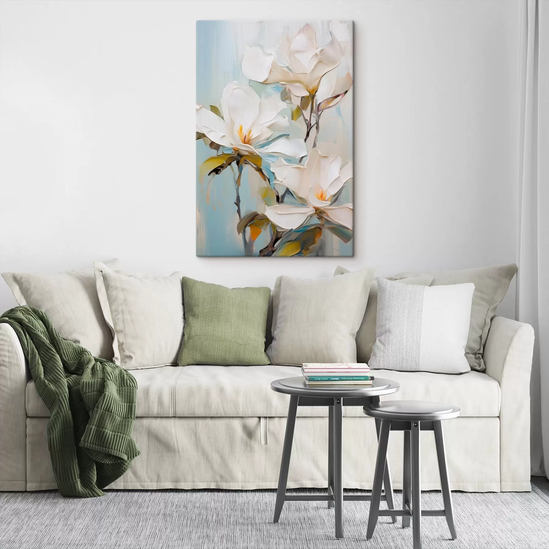 Obraz Bílé květy magnólie, světle modré pozadí s jemnými tahy štětcem, styl olejomalby, impasto textura Č. s46276