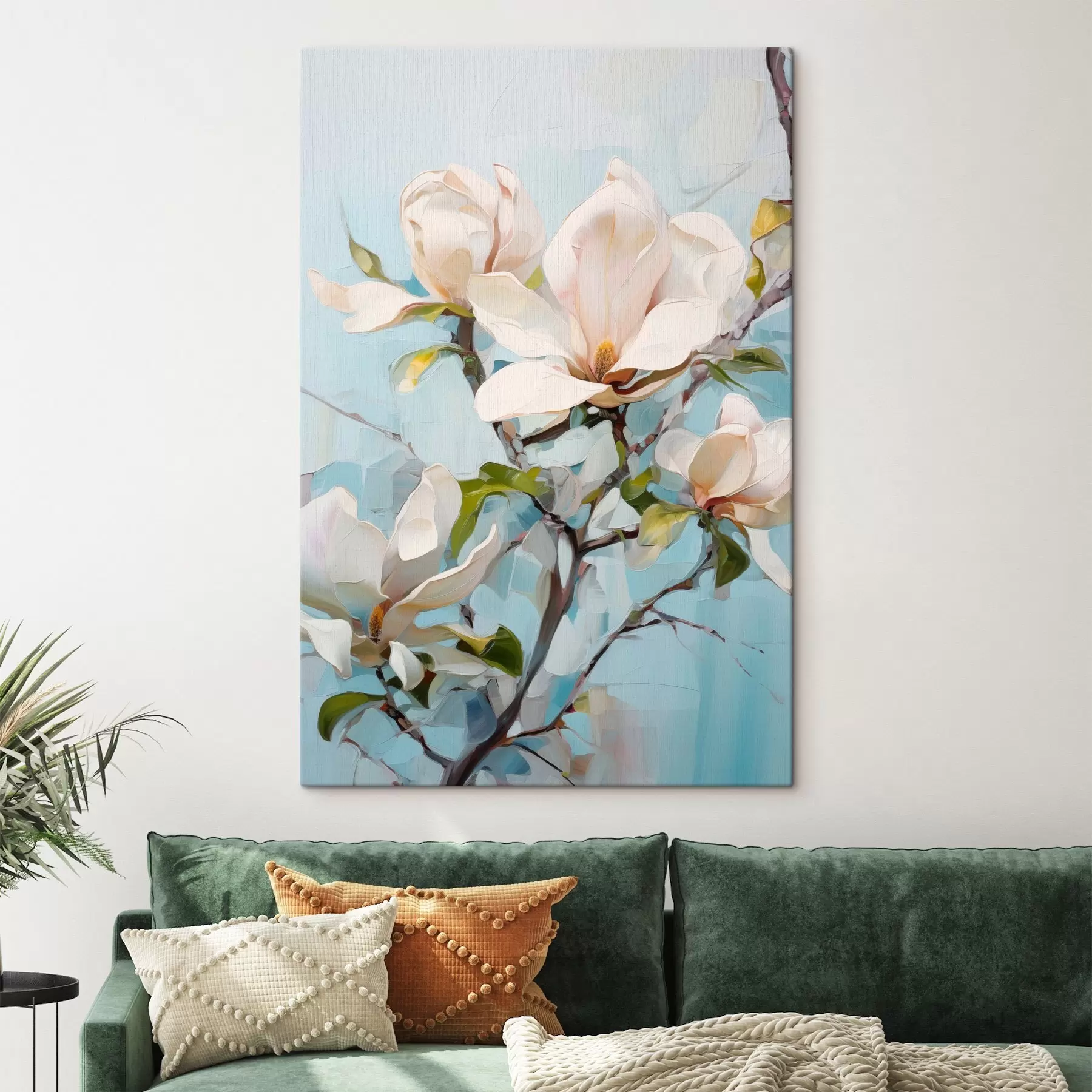 Obraz Bílé květy magnólie, světle modré pozadí s jemnými tahy štětcem, styl olejomalby, impasto textura Č. s46277