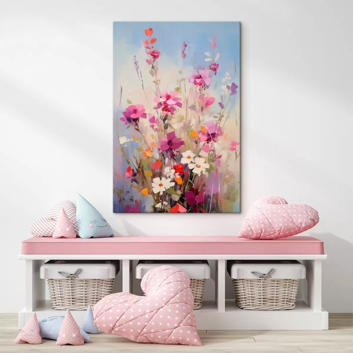 Obraz Zářivé růžové, bílé a zelené květy na jemném pastelovém pozadí Č. s46278