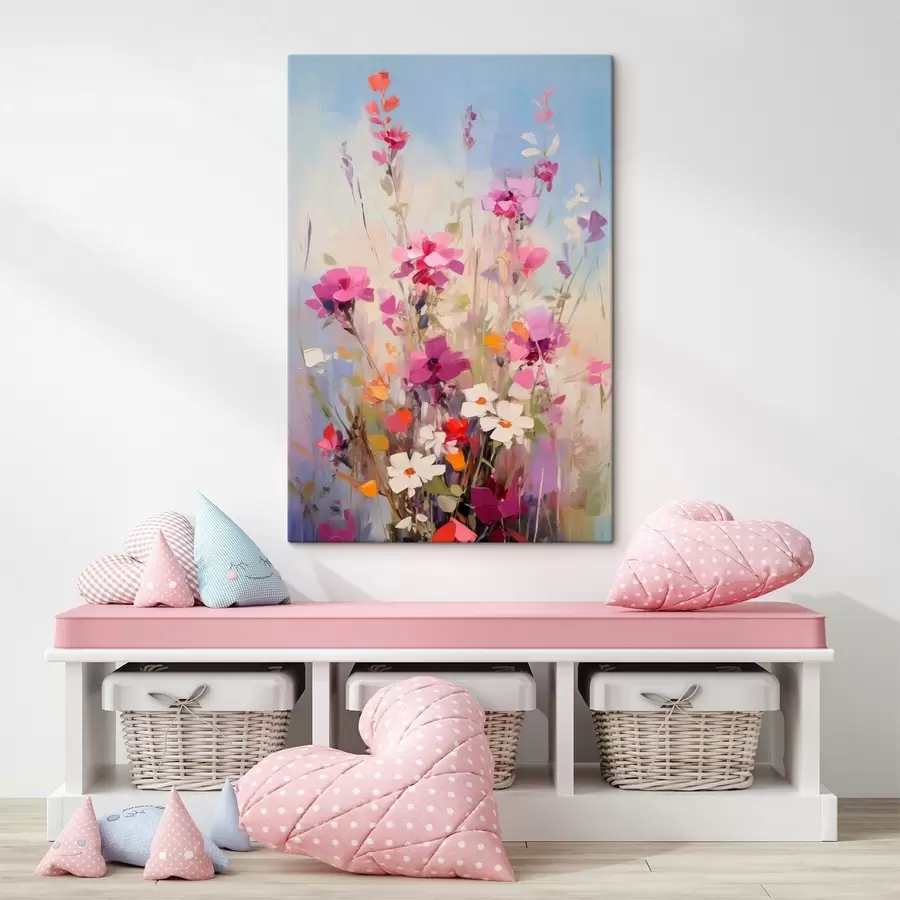 Obraz Zářivé růžové, bílé a zelené květy na jemném pastelovém pozadí Č. s46278