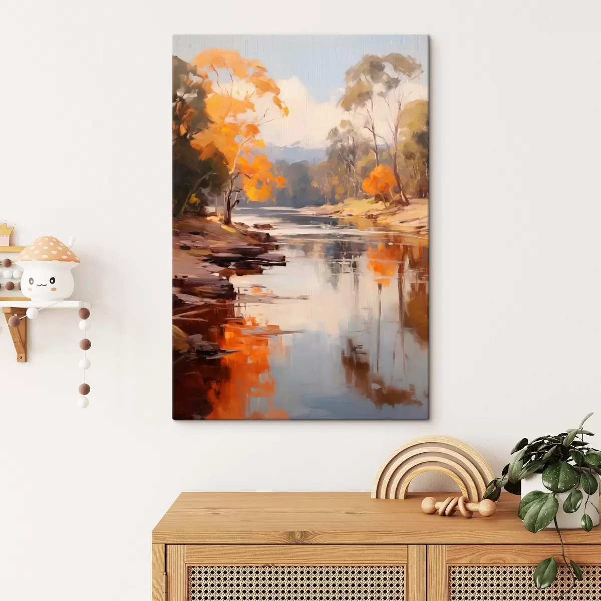 Obraz Podzimní krajina, řeka s stromy na břehu, les v pozadí, odrazy na vodě Č. s46280