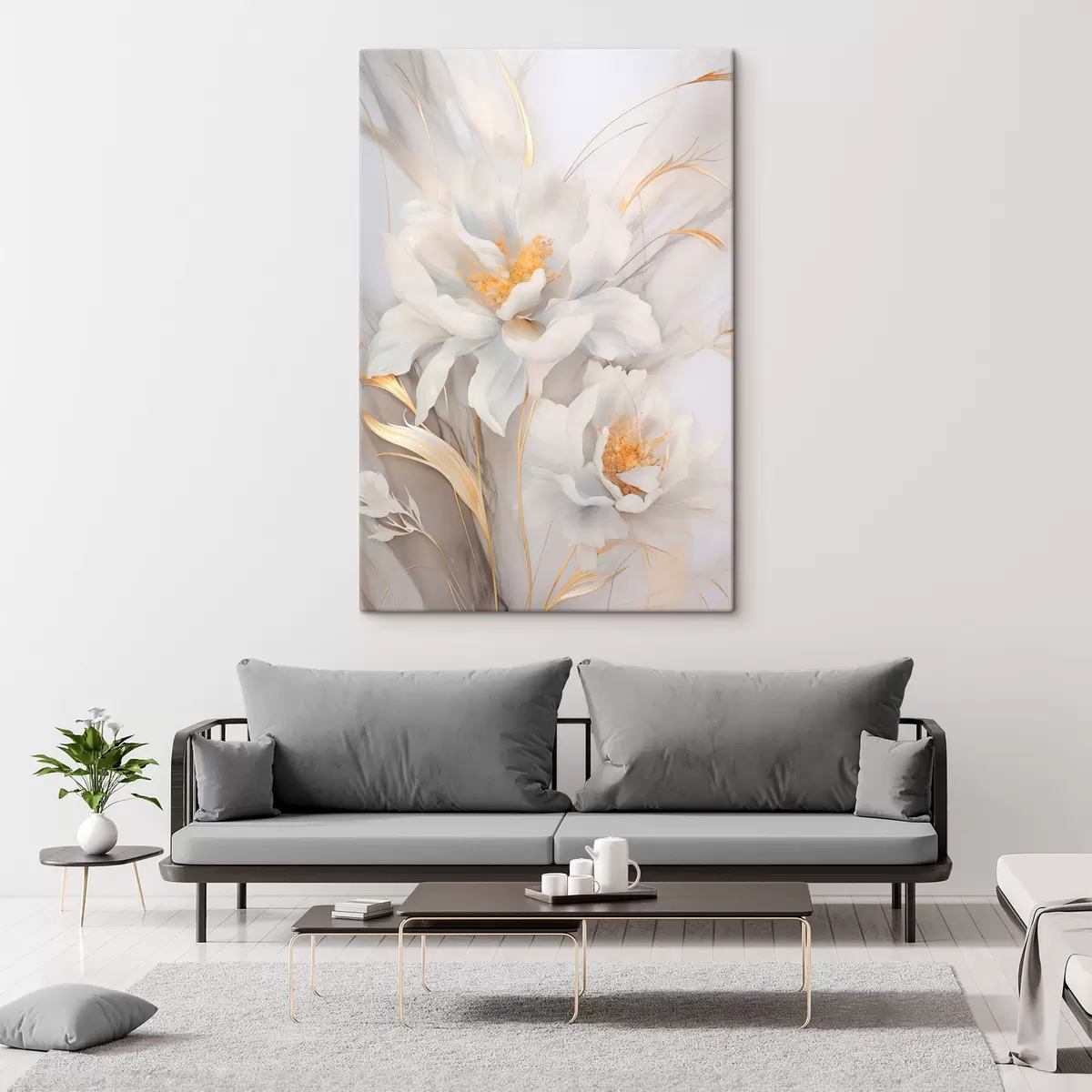 Obraz Bílé květy se žlutými pestíky a stonky, jemné okvětní lístky, elegantní kompozice, neutrální pozadí Č. s46293