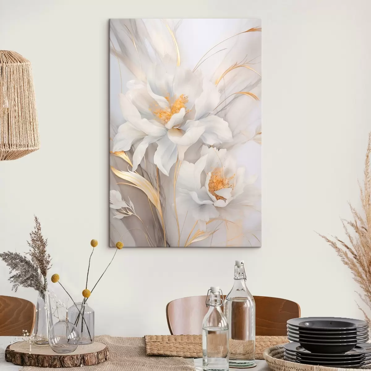 Obraz Bílé květy se žlutými pestíky a stonky, jemné okvětní lístky, elegantní kompozice, neutrální pozadí Č. s46293