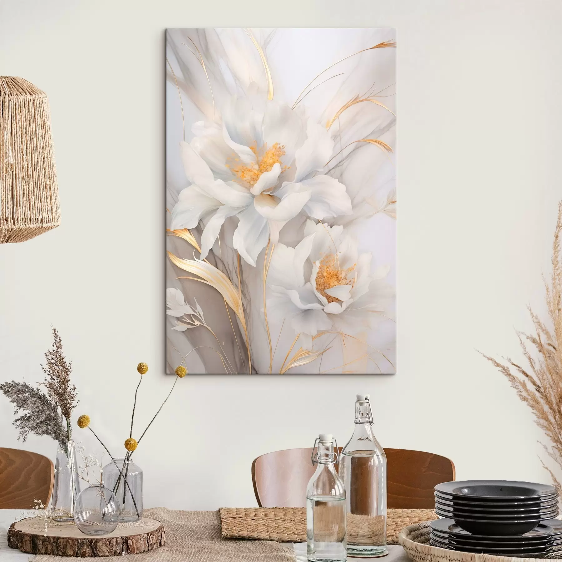 Obraz Bílé květy se žlutými pestíky a stonky, jemné okvětní lístky, elegantní kompozice, neutrální pozadí Č. s46293