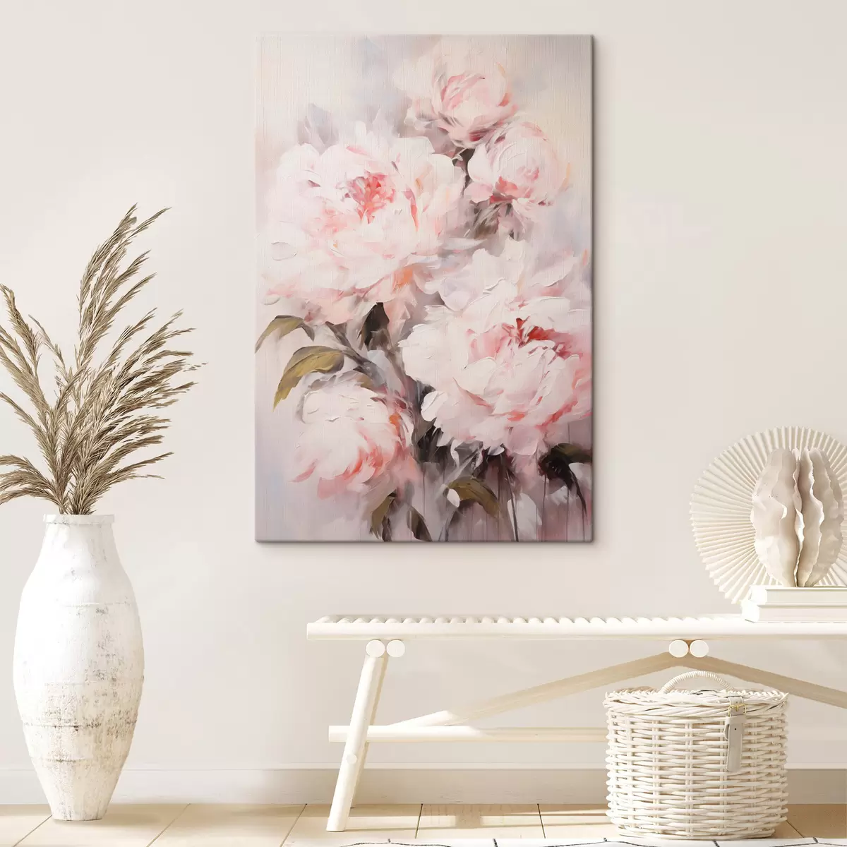 Obraz Kytice světle růžových pivoněk se zelenými listy, jemné tahy štětcem, pastelové barvy, na světlém pozadí Č. s46294