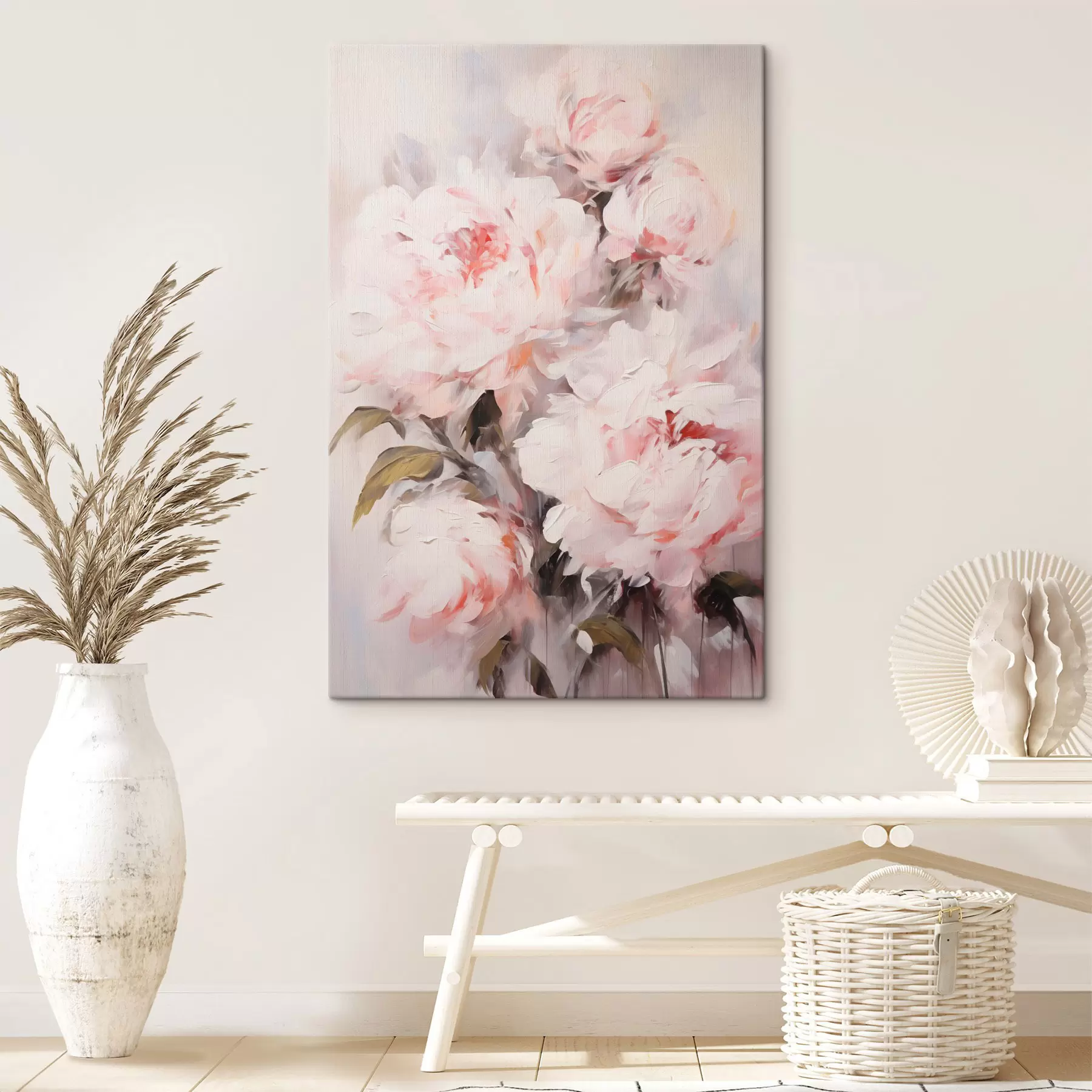 Obraz Kytice světle růžových pivoněk se zelenými listy, jemné tahy štětcem, pastelové barvy, na světlém pozadí Č. s46294