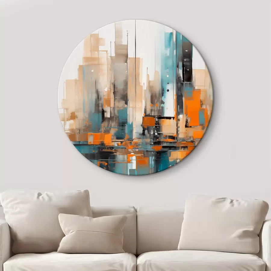 Obraz Abstraktní městská krajina s oranžovými, tyrkysovými a hnědými vertikálními tahy štětcem a geometrickými tvary Č. r46266