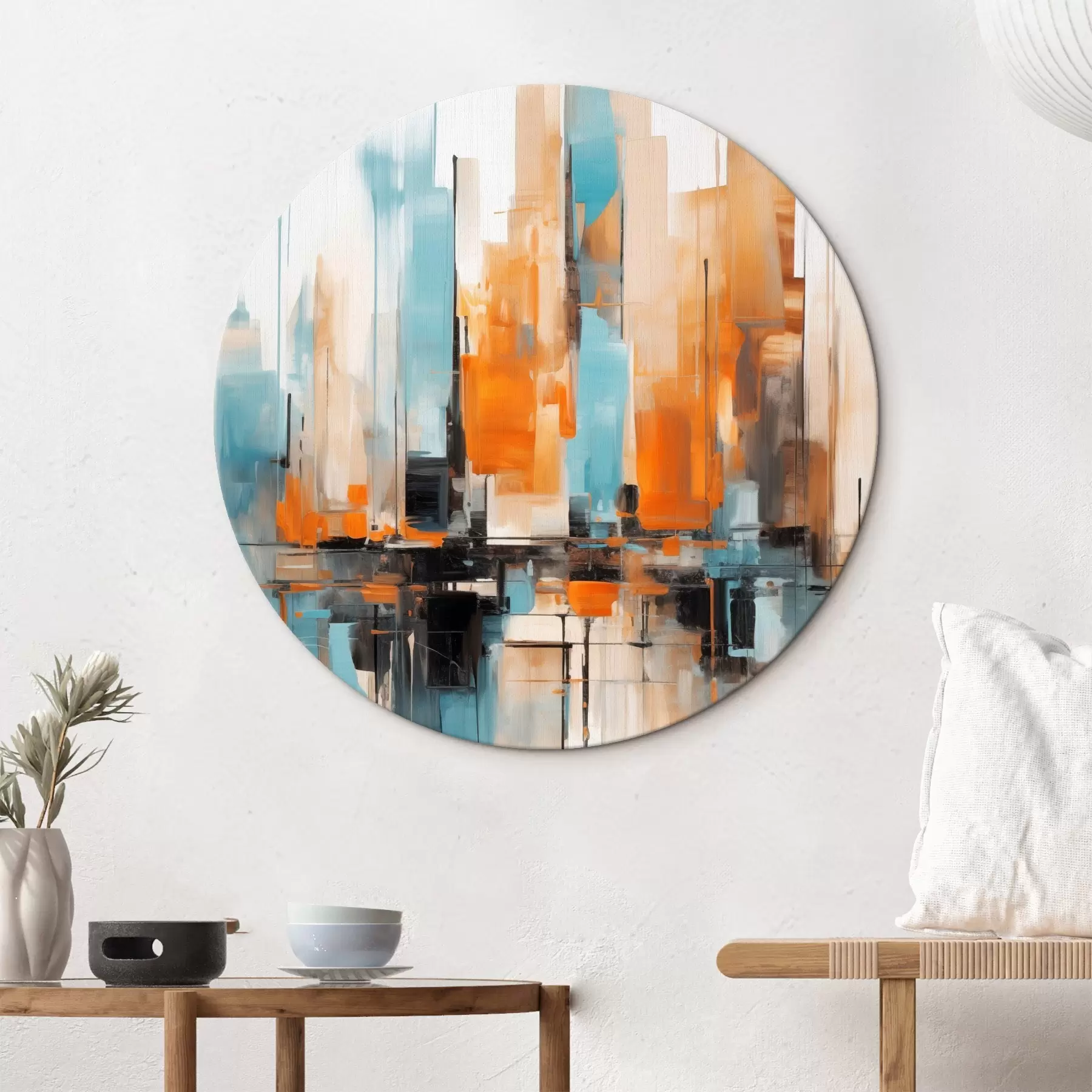 Obraz Abstraktní městská krajina s vertikálními tahy štětcem v odstínech oranžové, modré a bílé, malířský styl Č. r46267