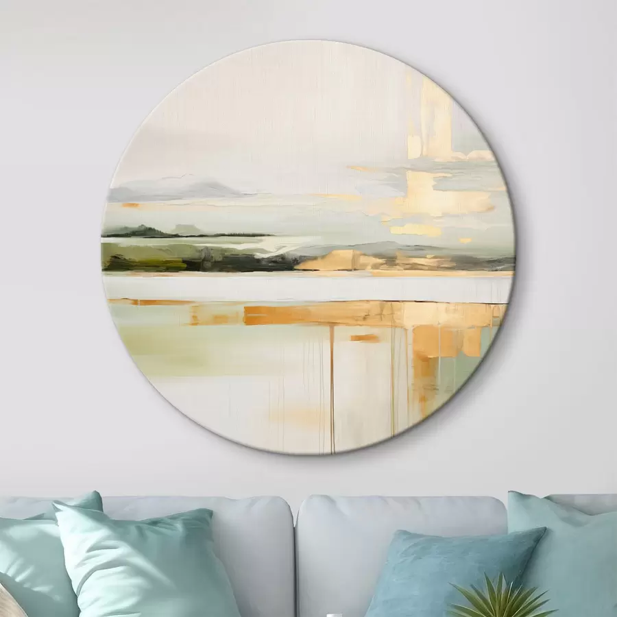 Obraz Abstraktní krajina se žlutými akcenty, minimalistická kompozice země, vody a oblohy, s tlumenými barvami Č. r46268