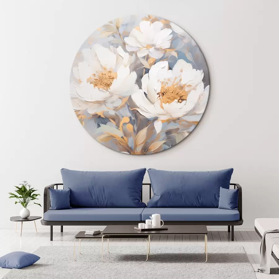 Obraz Bílé pivoňky s modrým středem a listy, jemné tahy štětcem, světle modré pozadí, květinová kompozice Č. r46270