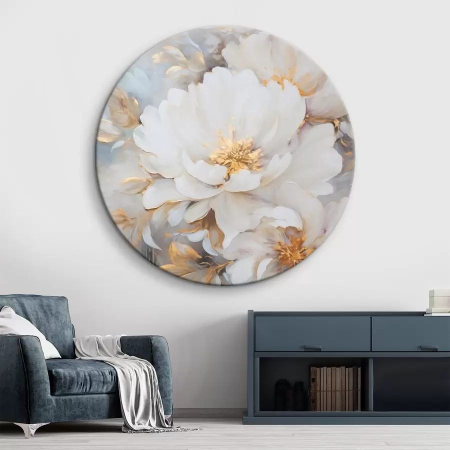 Obraz Bílé pivoňky s modrým středem a listy, jemné tahy štětcem, světle modré pozadí, květinová kompozice Č. r46271