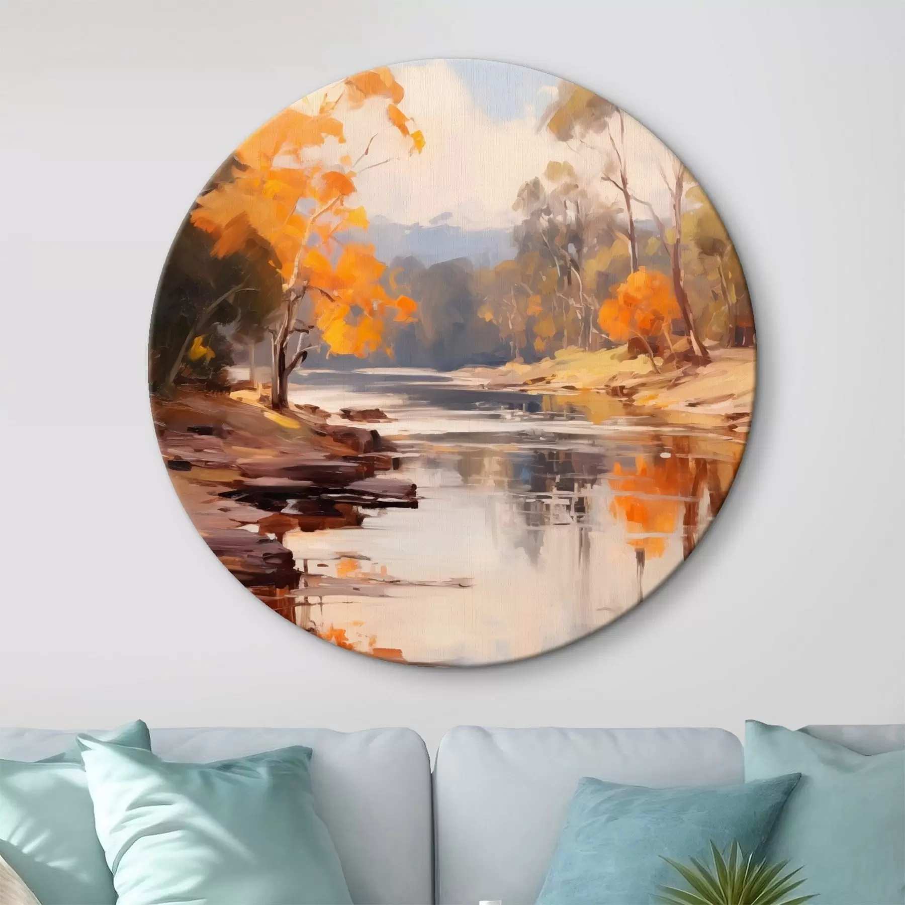 Obraz Podzimní krajina, řeka s stromy na břehu, les v pozadí, odrazy na vodě Č. r46280