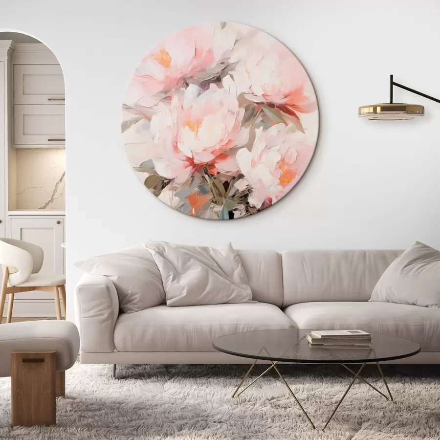 Obraz Kytice růžových a bílých pivoněk ve skleněné váze, jemné tahy štětcem, pastelové barvy, neutrální pozadí Č. r46295