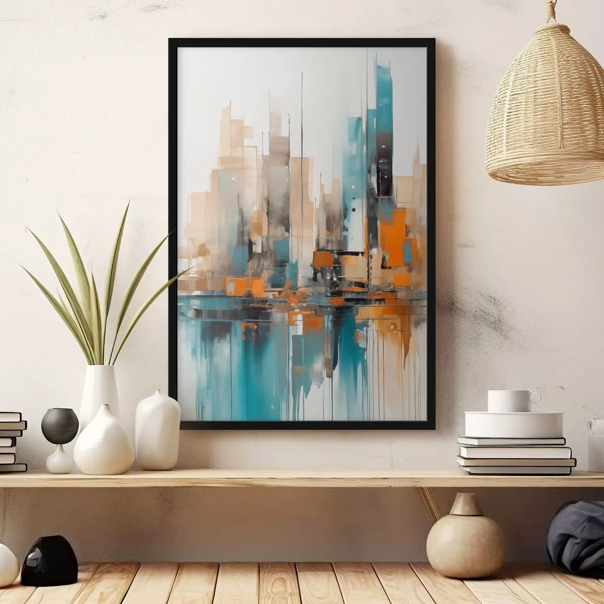 Poster Abstraktní městská krajina s oranžovými, tyrkysovými a hnědými vertikálními tahy štětcem a geometrickými tvary f46266