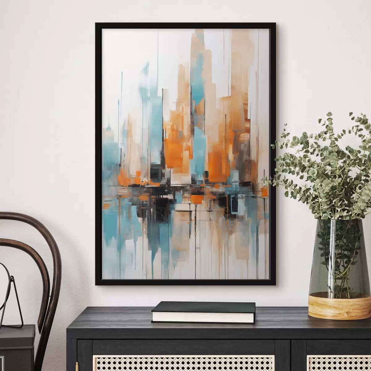 Poster Abstraktní městská krajina s vertikálními tahy štětcem v odstínech oranžové, modré a bílé, malířský styl f46267