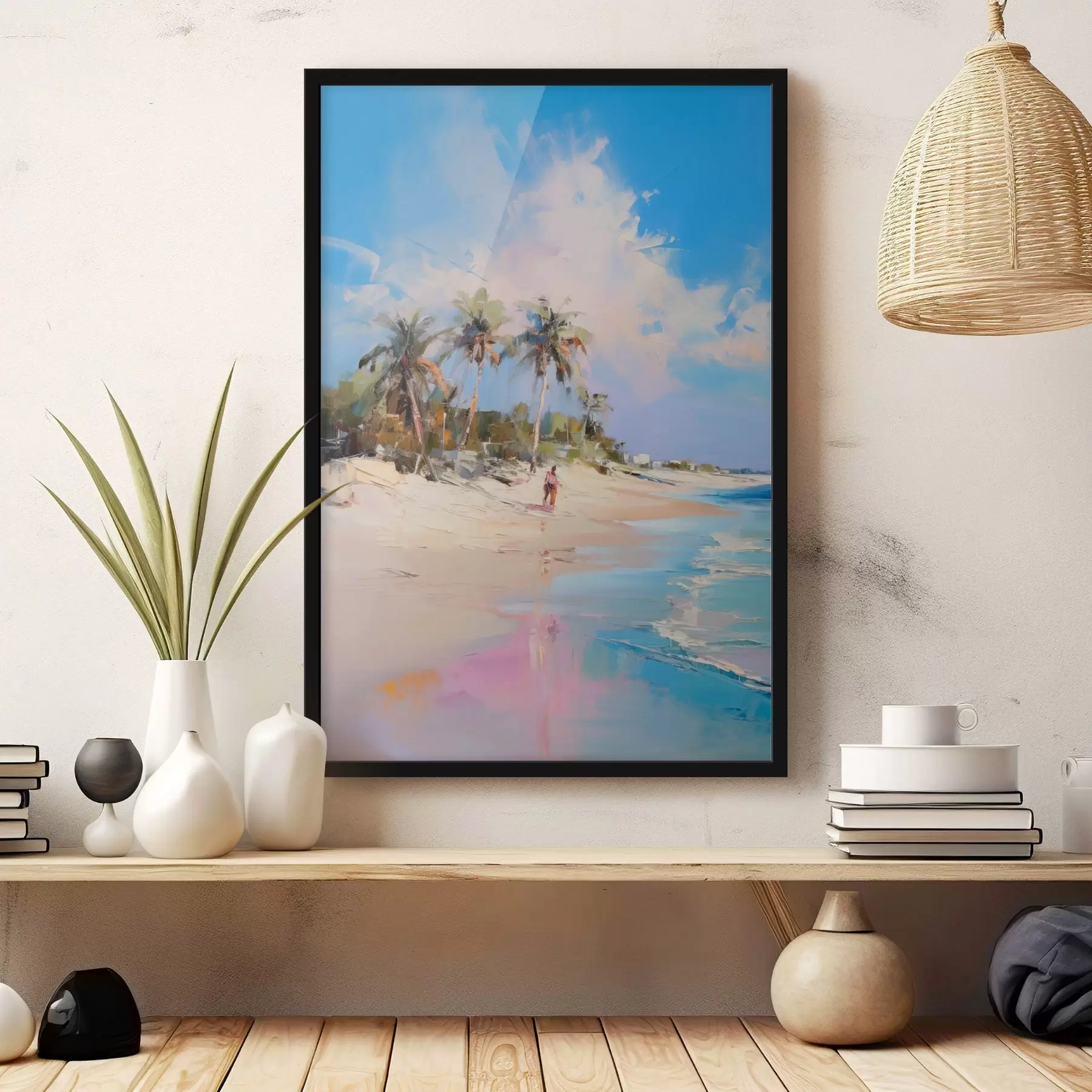 Fototapet Abstraktní krajina, pláž s palmami, jasný slunečný den s modrou oblohou a několika mraky f46284