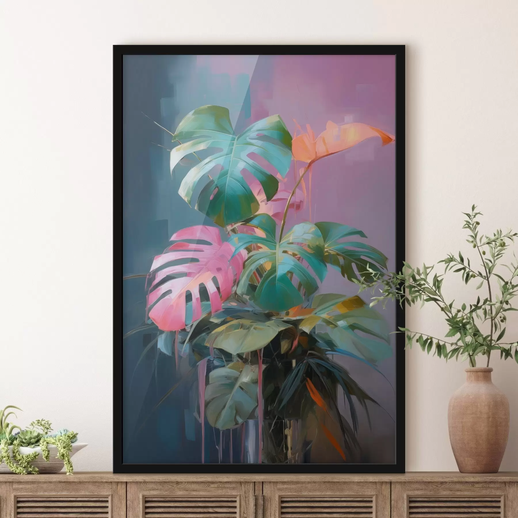Fototapet Abstraktní rostlina monstera s růžovými a zelenými listy, zářivými barvami, na rozmazaném pozadí f46287