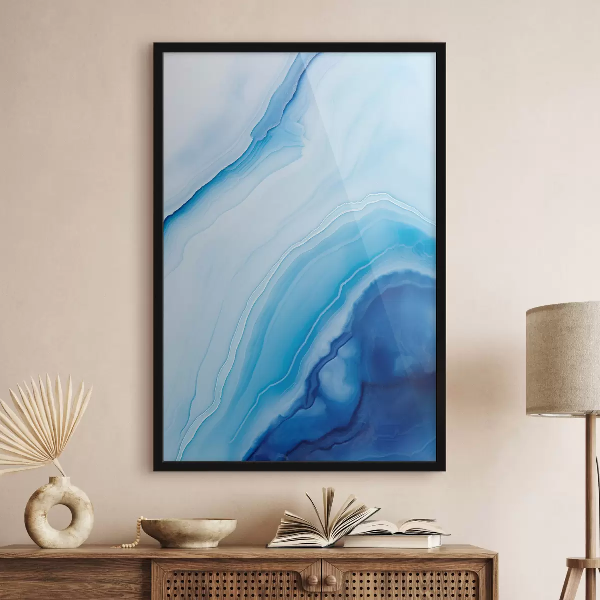 Poster Abstraktní modrobílý achátový potisk, vířící linie a přechody, hladká textura, moderní umění, minimalistický f46290