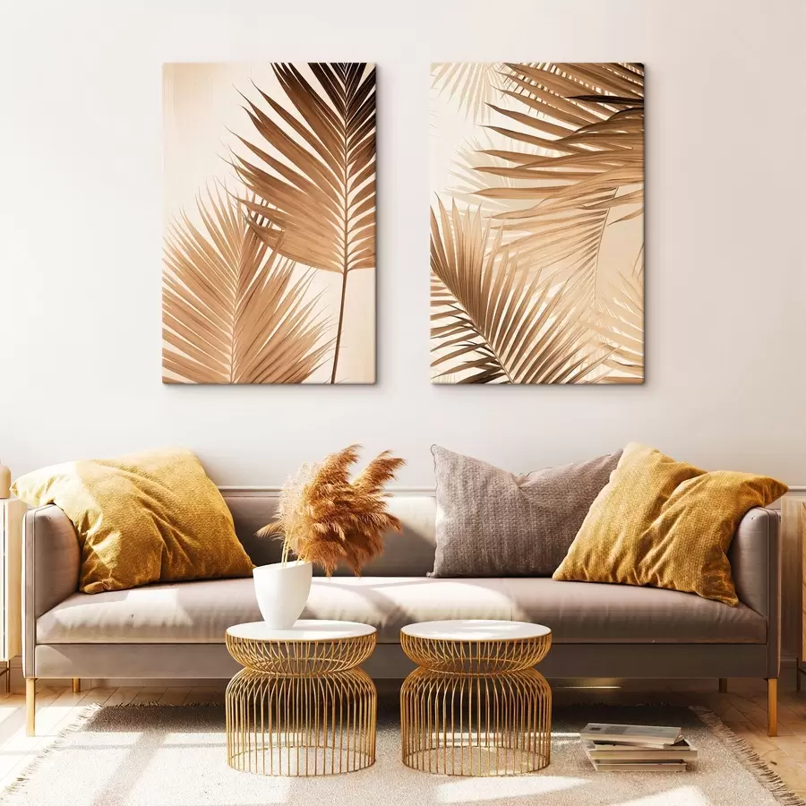 Obraz Palmové listy v hnědých tónech, neutrální pozadí, minimalistický styl, přirozené osvětlení, tropická atmosféra Č. m00880