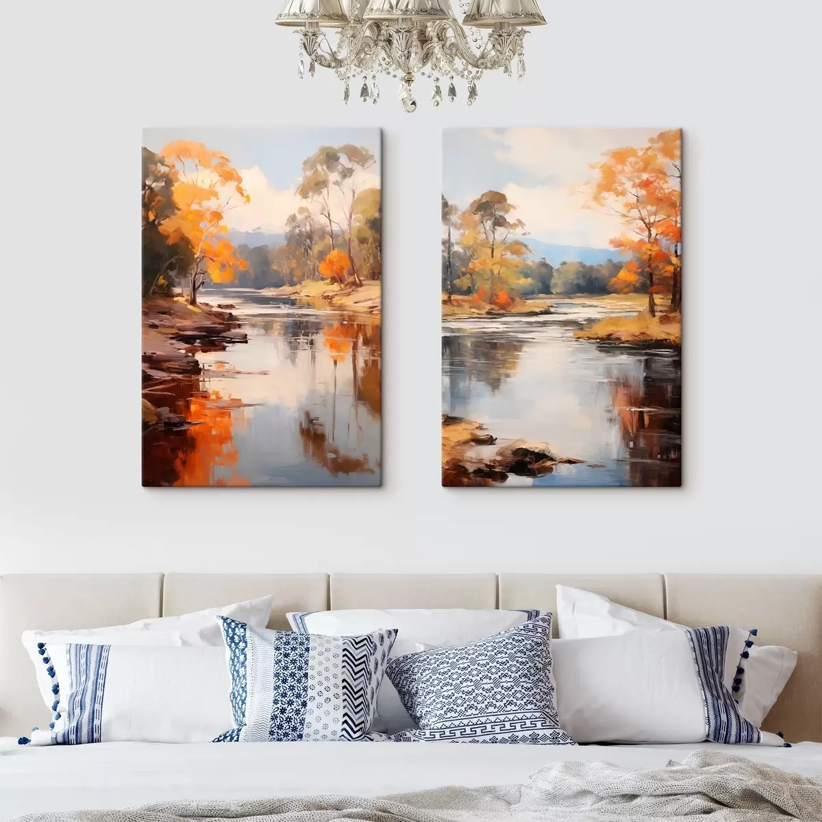 Obraz Podzimní krajina, řeka s stromy na břehu, les v pozadí, odrazy na vodě Č. m00883