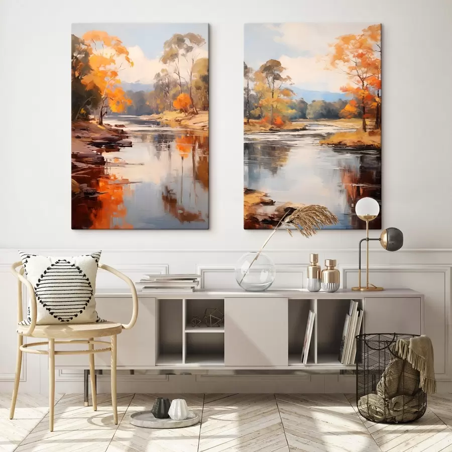 Obraz Podzimní krajina, řeka s stromy na břehu, les v pozadí, odrazy na vodě Č. m00883