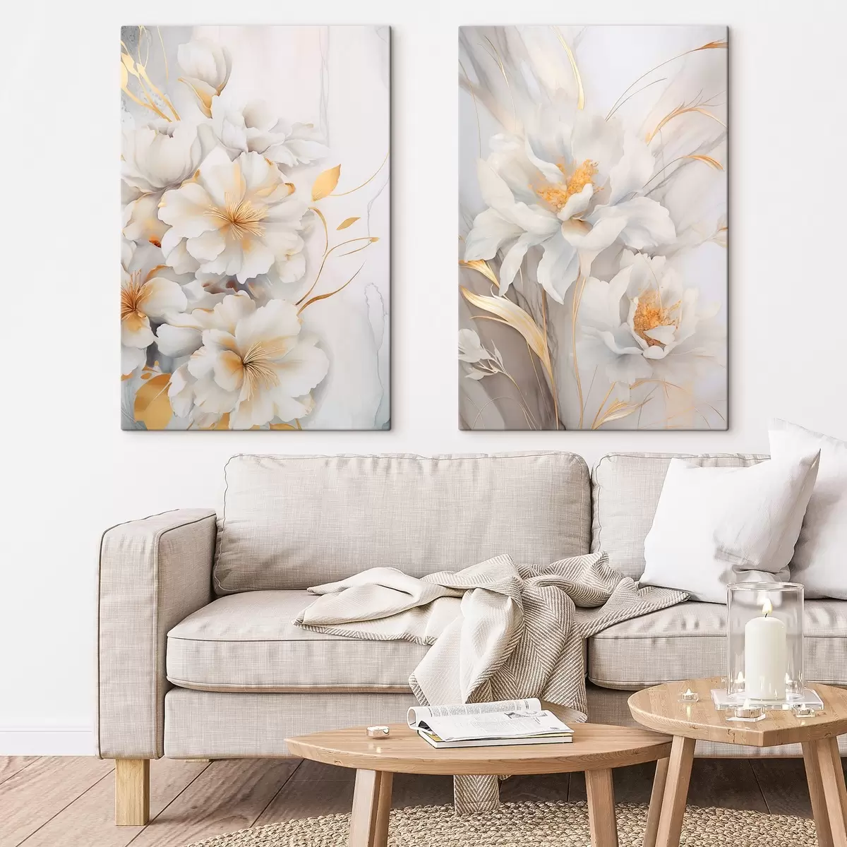 Obraz Bílé květy se žlutými detaily, okvětní lístky s jemnými stíny, světlé pozadí s jemným mramorovým efektem Č. m00889