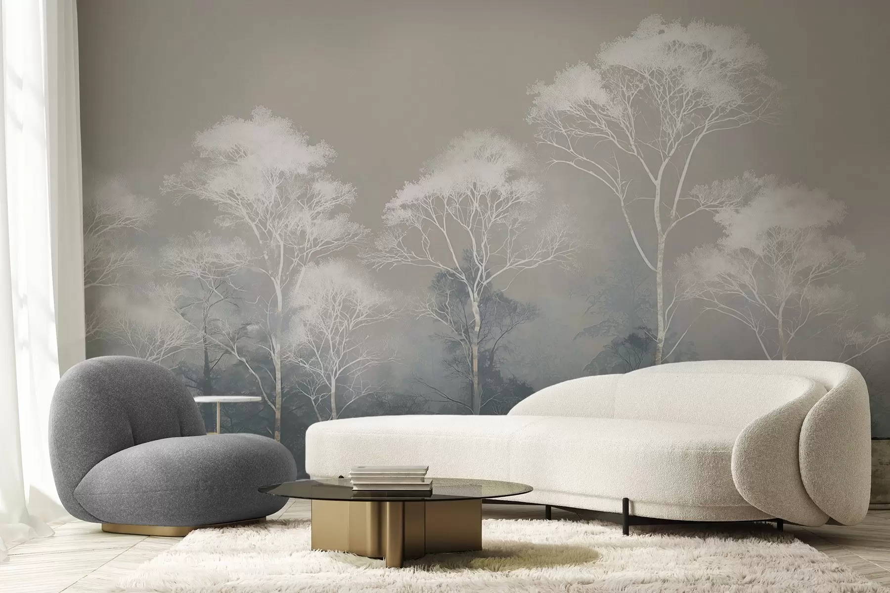 Fototapet Minimalistické stromy v modrošedé paletě, v mlze w09448