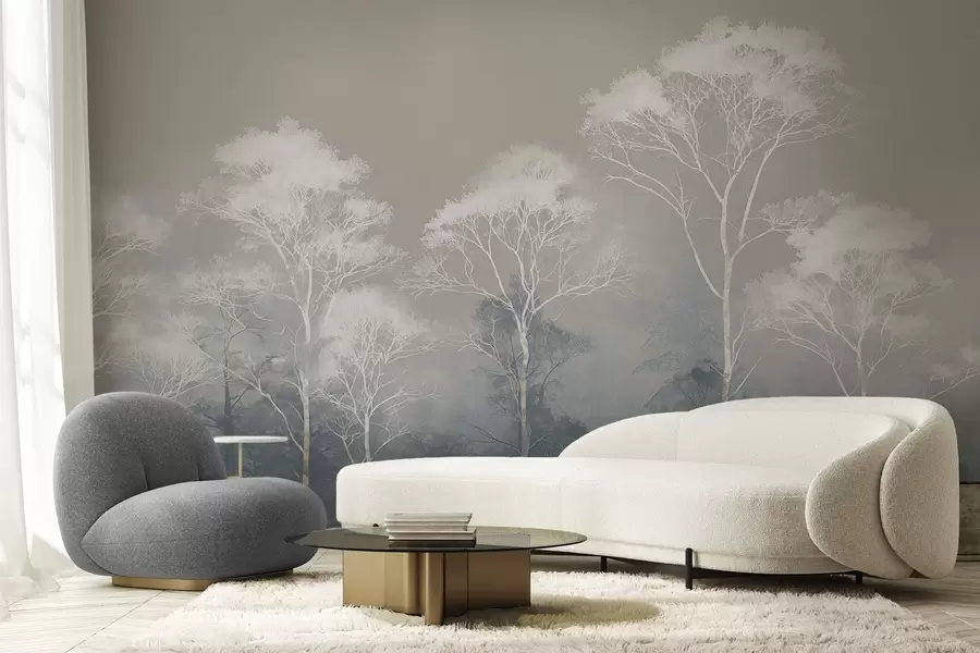 Fototapet Minimalistické stromy v modrošedé paletě, v mlze w09448