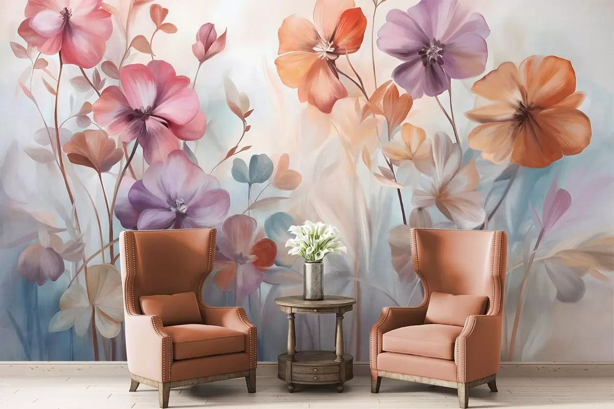 Fototapet Texturovaná květinová kompozice s růžovými, fialovými a oranžovými květy se zelenými stonky a listy, jemné pastelové barvy w09486