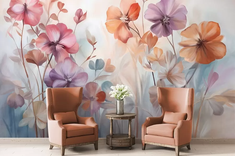 Fototapet Texturovaná květinová kompozice s růžovými, fialovými a oranžovými květy se zelenými stonky a listy, jemné pastelové barvy w09486