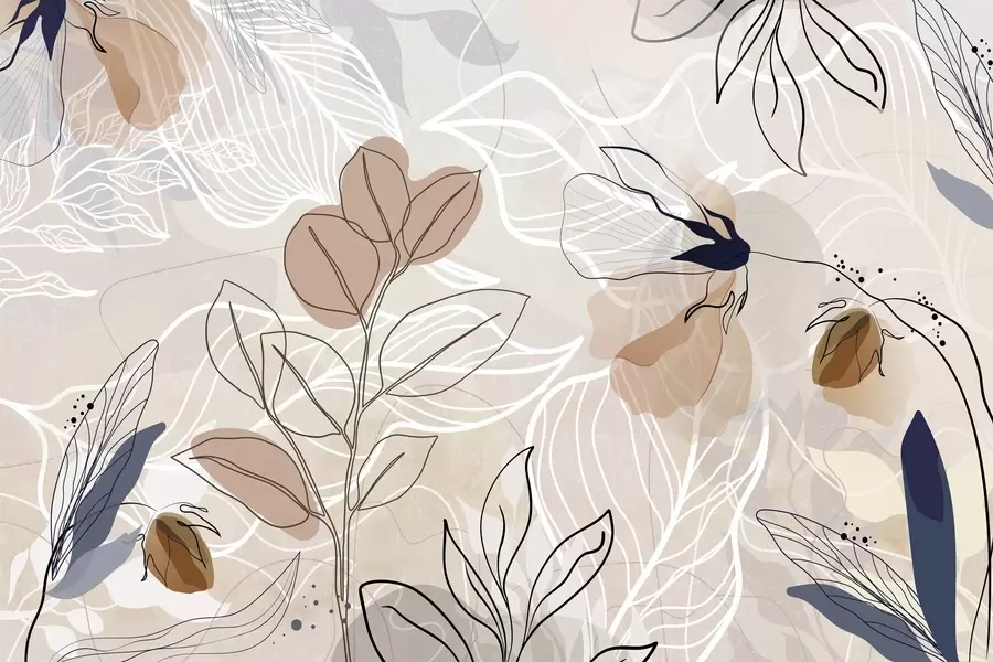 Fototapet Béžové abstraktní pozadí s listovým a květinovým line artem, moderní, minimalistické, organické tvary, botanický potisk  w09487