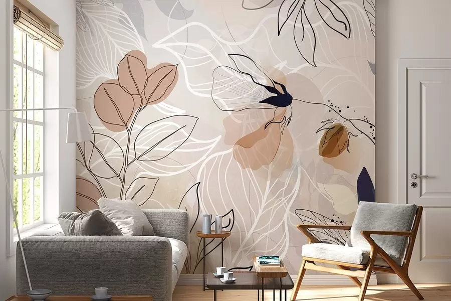 Fototapet Béžové abstraktní pozadí s listovým a květinovým line artem, moderní, minimalistické, organické tvary, botanický potisk  w09487