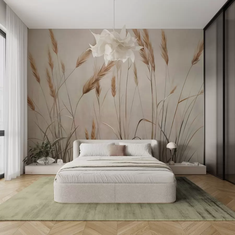 Fototapet Pole s pšenicí se žlutými klasy, béžové pozadí, přirozené osvětlení, teplé tóny, detailní tahy štětcem w09493