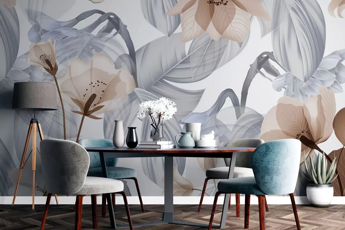 Fototapet Hnědé květy a šedé listy, květinové botanické pozadí, elegantní design, jemné barvy, lehké jemné detaily w09497v1