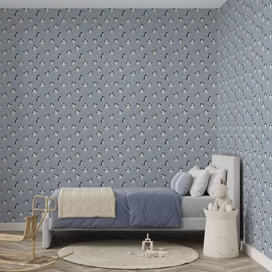 Fototapet Tučňáci na šedomodrém pozadí s otisky nohou a00655