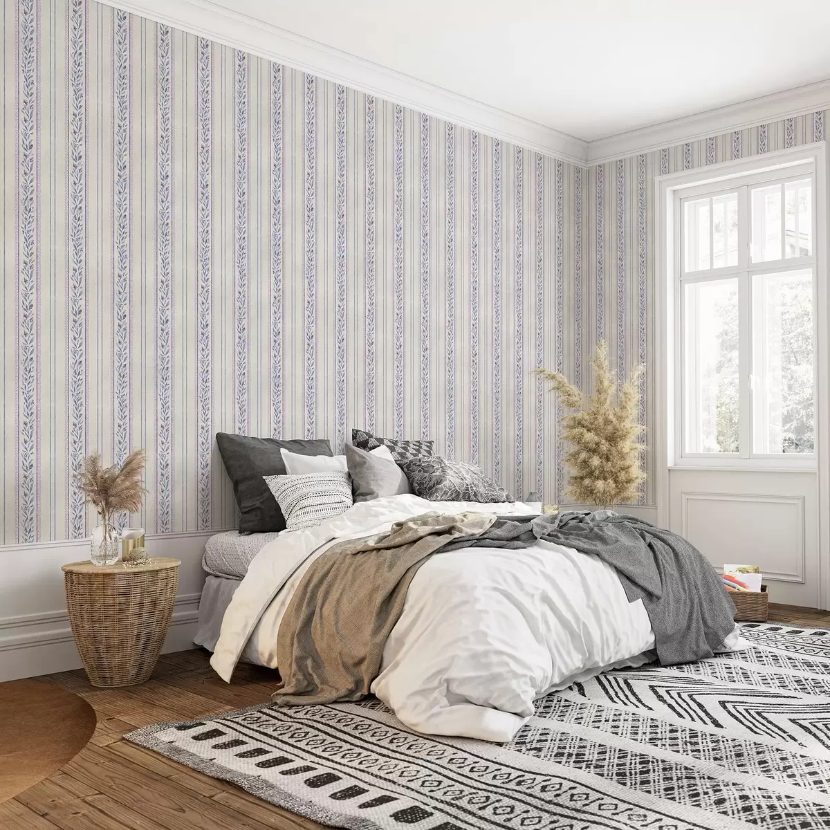 Tapety Svislé pruhy s levandulovými girlandami, béžové pozadí a00813v1