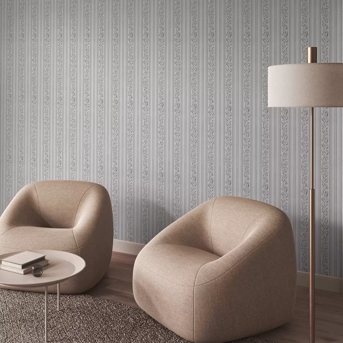 Tapety Pruhy s krajkou a větvičkami na chladné bílé barvě a00814v1