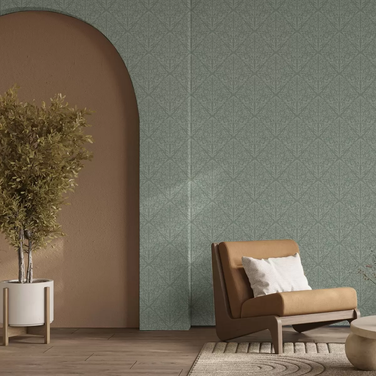 Tapety Botanický damašek na mátově olivovém pozadí a00815