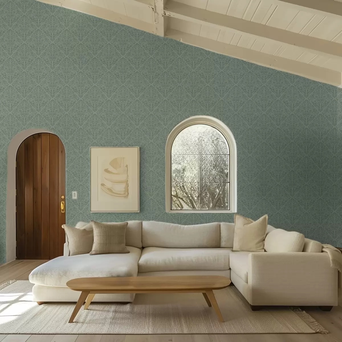 Tapety Jemný botanický damašek v tlumené zelené barvě a00815v1