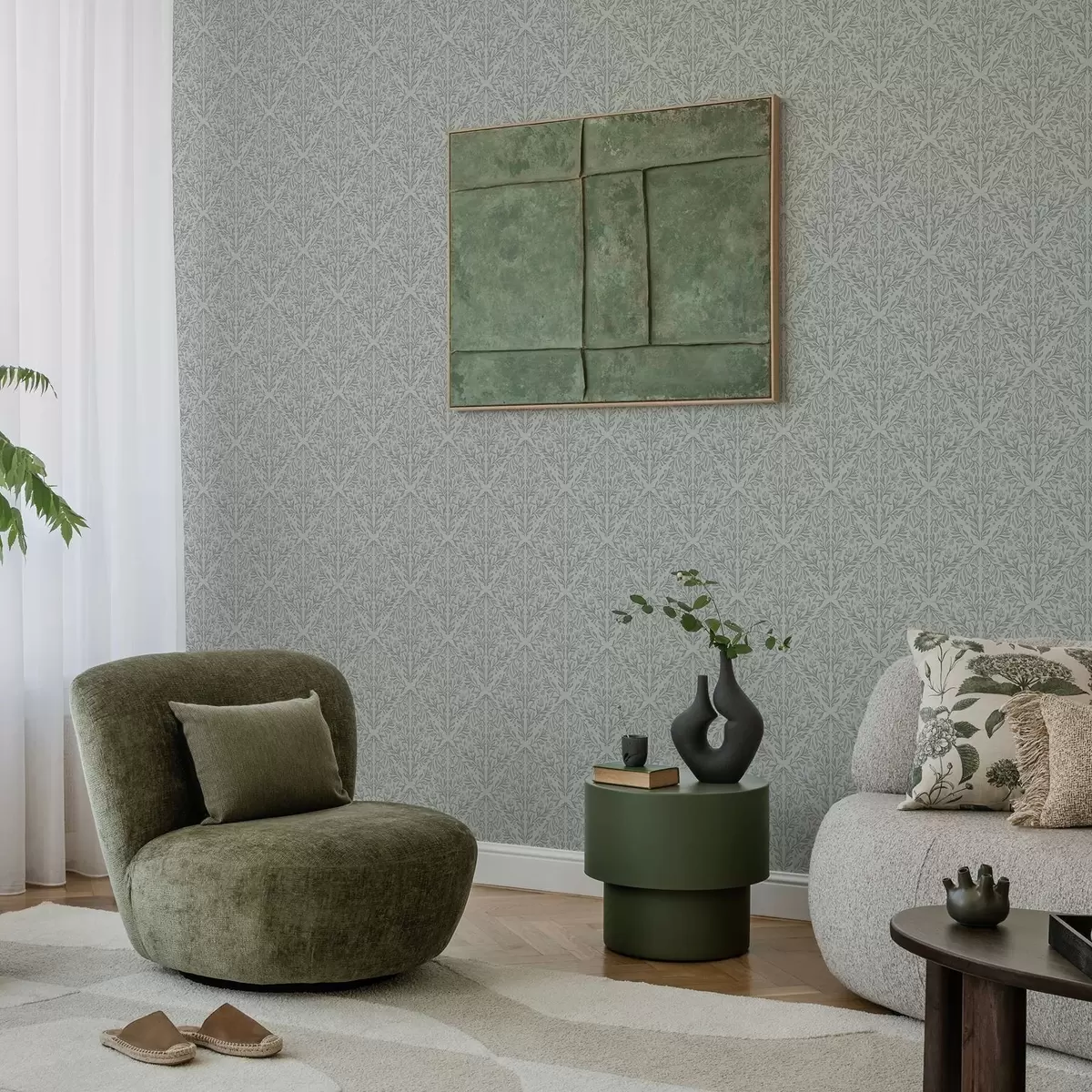 Tapety Botanický damašek ve světle šedé barvě s jemným obrysem a00815v2