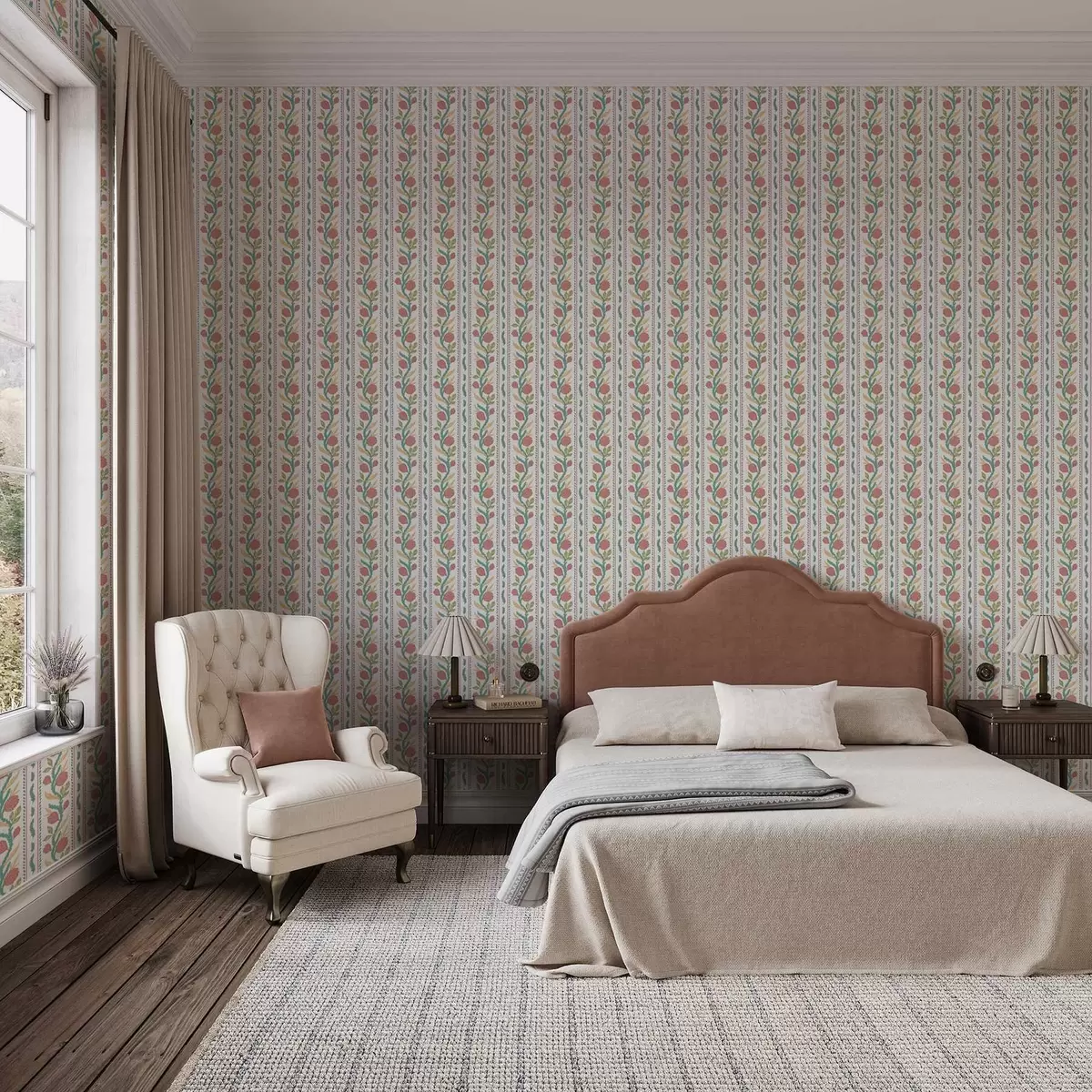 Tapety Svislé pruhy s korálovými květy a tyrkysovými listy a00816