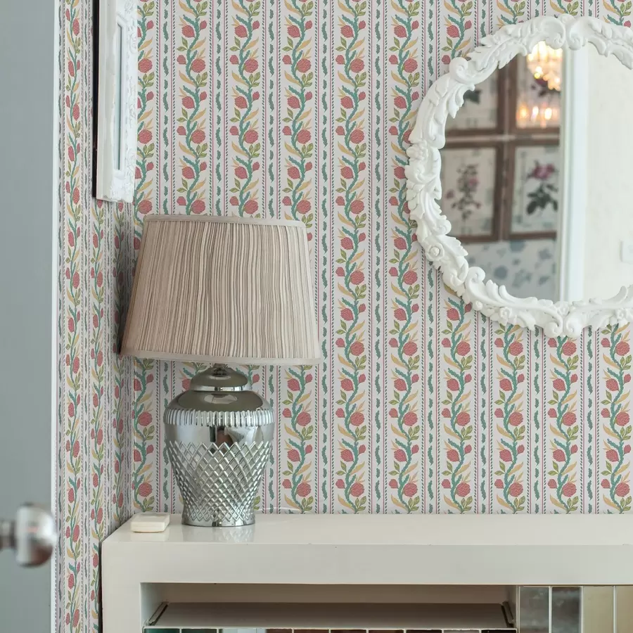 Fototapet Svislé pruhy s korálovými květy a tyrkysovými listy a00816