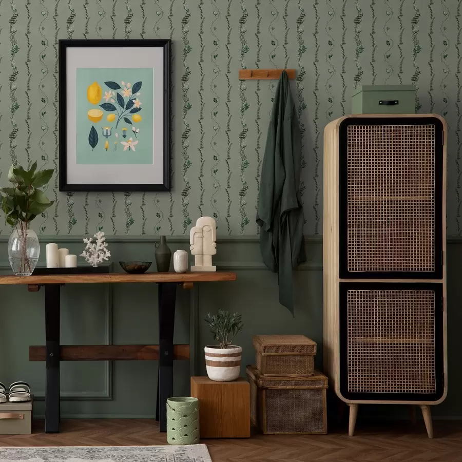 Fototapet Vertikální révy a větvičky na tlumeně zeleném pozadí a00817v1