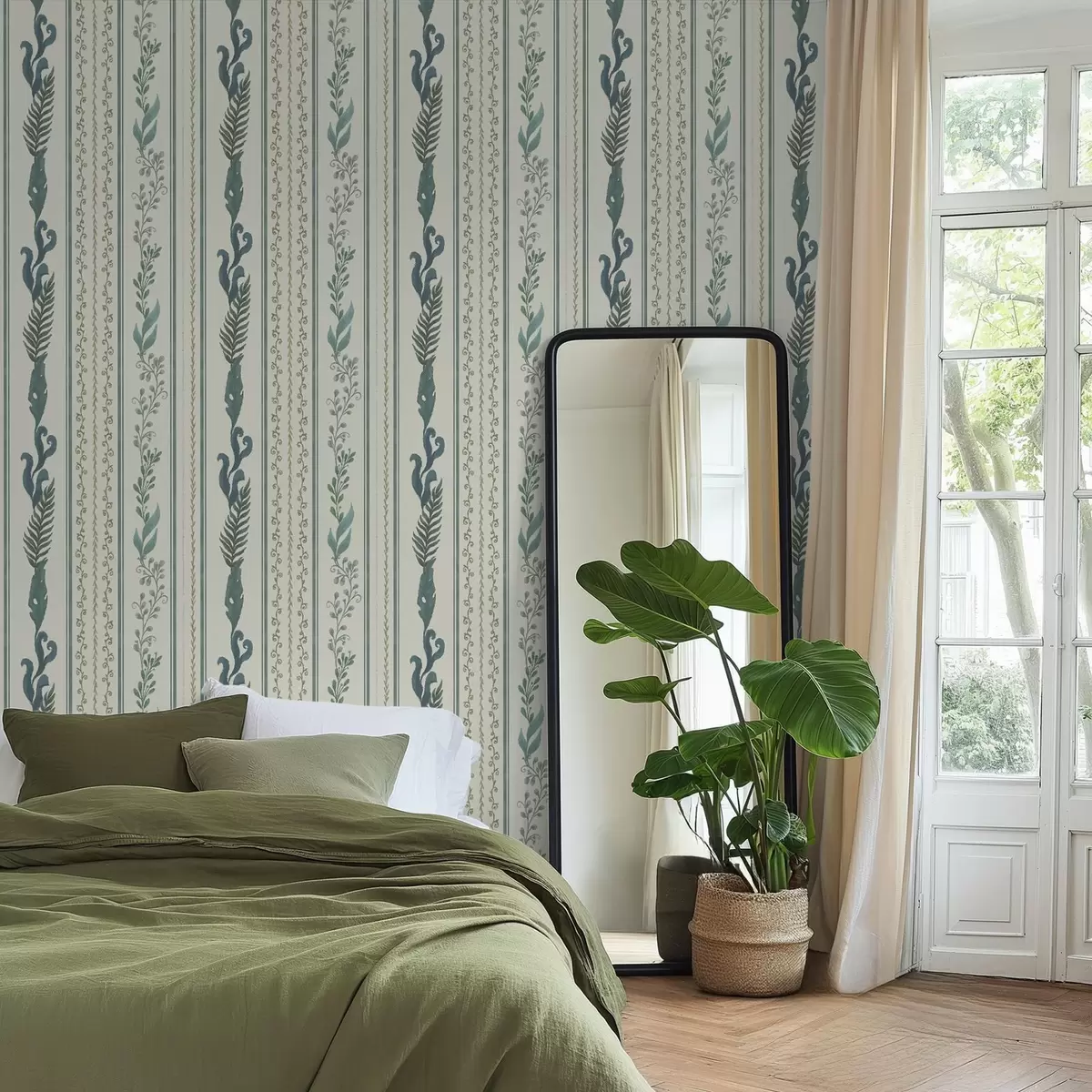 Tapety Pruhy s větvičkami a kudrlinkami na teplém mléčném pozadí a00823v2