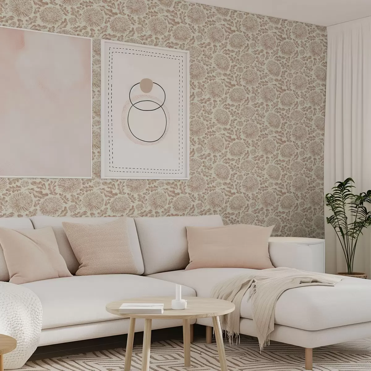 Tapety Chryzantémy a dubové listy v jemné béžově hnědé barvě a00840